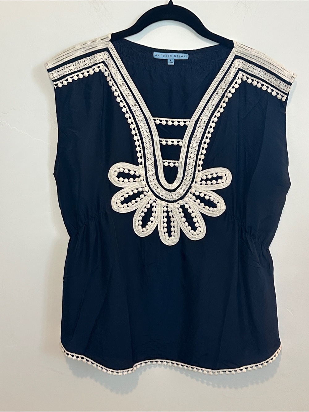 ANTONIO MELANI Navy Silk Sleeveless Top with White Crochet Accents, Size Large